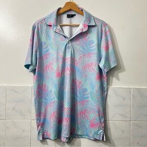 Sunday Swagger Polo Shirt Mens M Tropical Palm Pink Blue Golf Performance Preppy